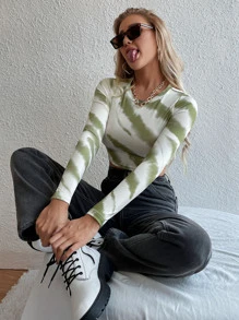 SHEIN Allurite Áo thun Cà vạt nhuộm Giải trí - màu xanh lá - Xem 3