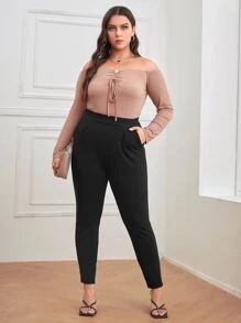 SHEIN Essnce Plus Solid High Waist Skinny Trousers - Black - View 3