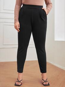 SHEIN Essnce Plus Solid High Waist Skinny Trousers - Black - View 5