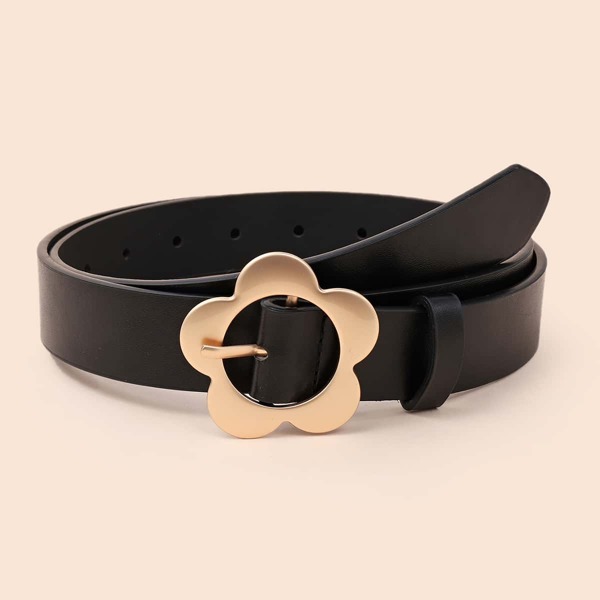 

Flower Buckle Belt With Hole Punch, Black