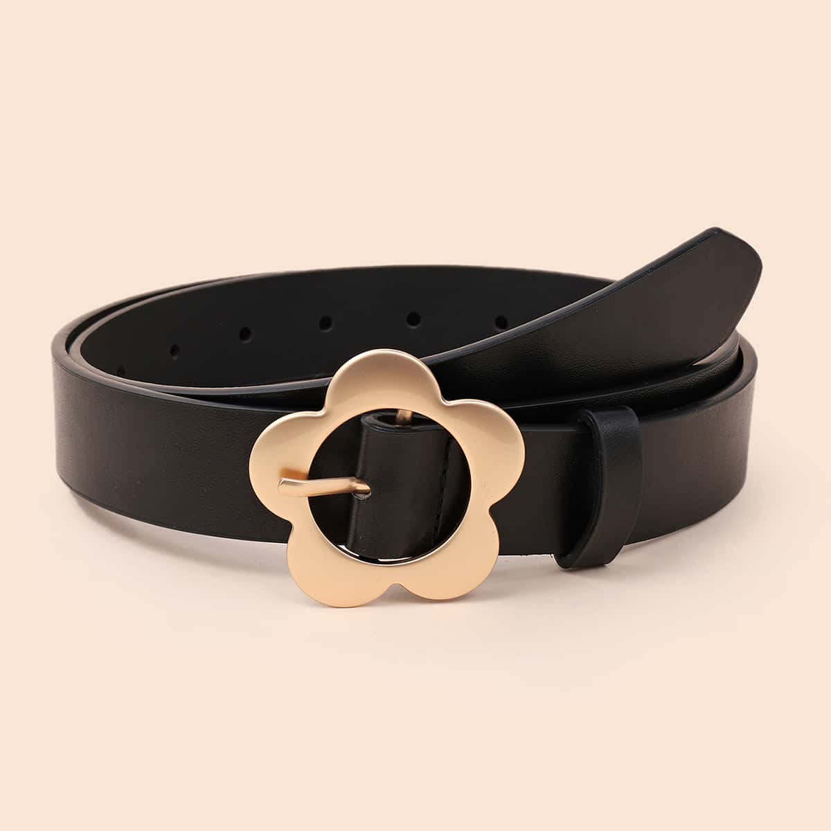 

Flower Buckle Belt With Hole Punch, Black