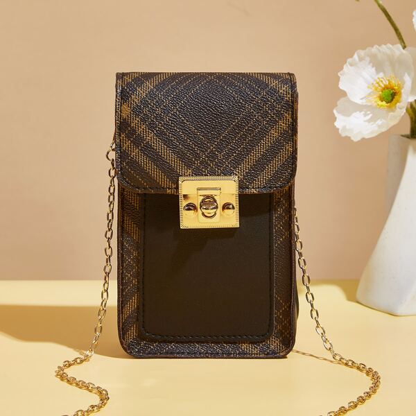 

Plaid Pattern Flap Square Bag, Coffee brown