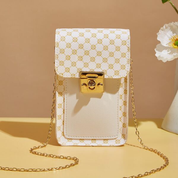 

Geometric Pattern Flap Chain Square Bag, White