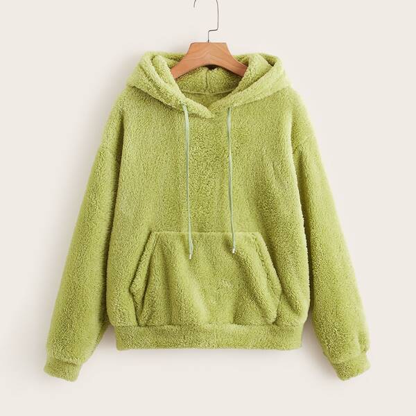 

Kangaroo Pocket Drop Shoulder Drawstring Flannel Hoodie, Lime green