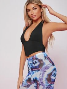 SHEIN BAE Plunging Halter Crop Top - Black - View 5