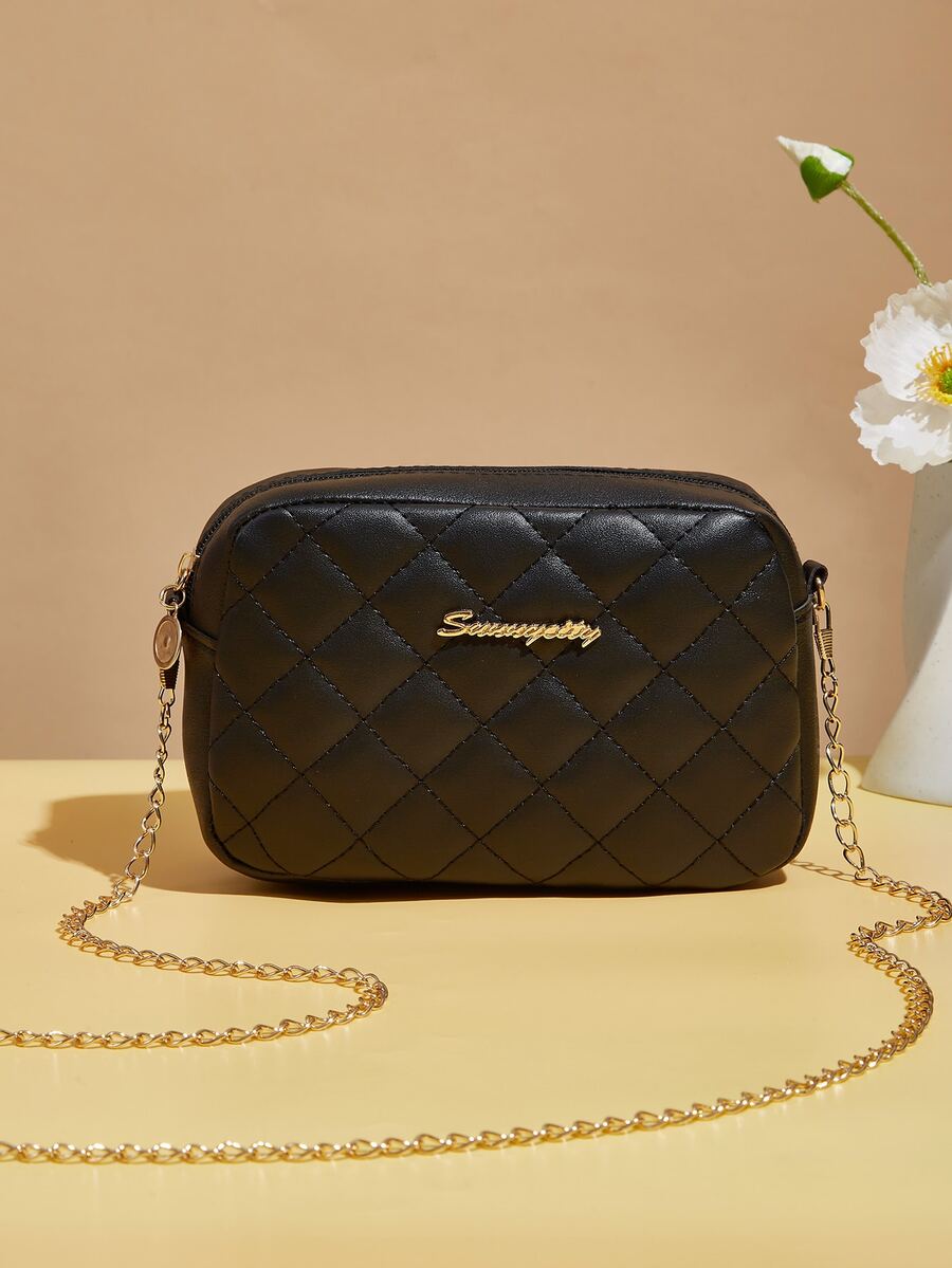 Mini Letter Graphic Quilted Square Bag - Black - View 1