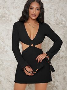 SHEIN SXY Tassel Drawstring Cuff Cutout Dress - Black - View 1