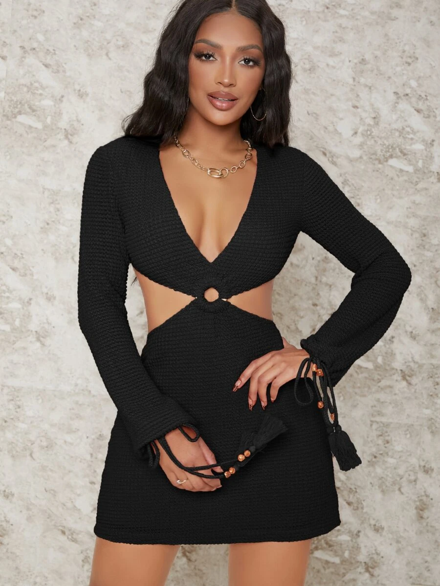 SHEIN SXY Tassel Drawstring Cuff Cutout Dress - Black - View 1