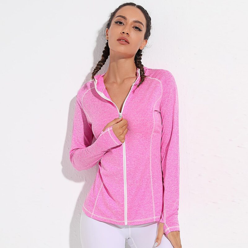 

Contrast Stitch Zipper Up Hooded Sports Jacket, Hot pink