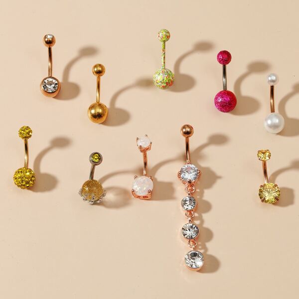 

10pcs Rhinestone Decor Navel Belly Ring, Multicolor