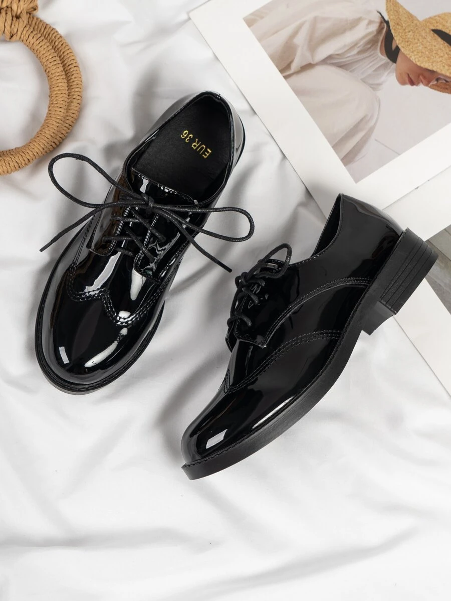 Stitch Decor Lace-up Front Oxfords Shoes - Black - View 1