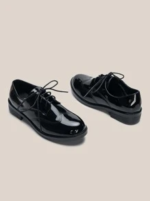Stitch Decor Lace-up Front Oxfords Shoes - Black - View 3