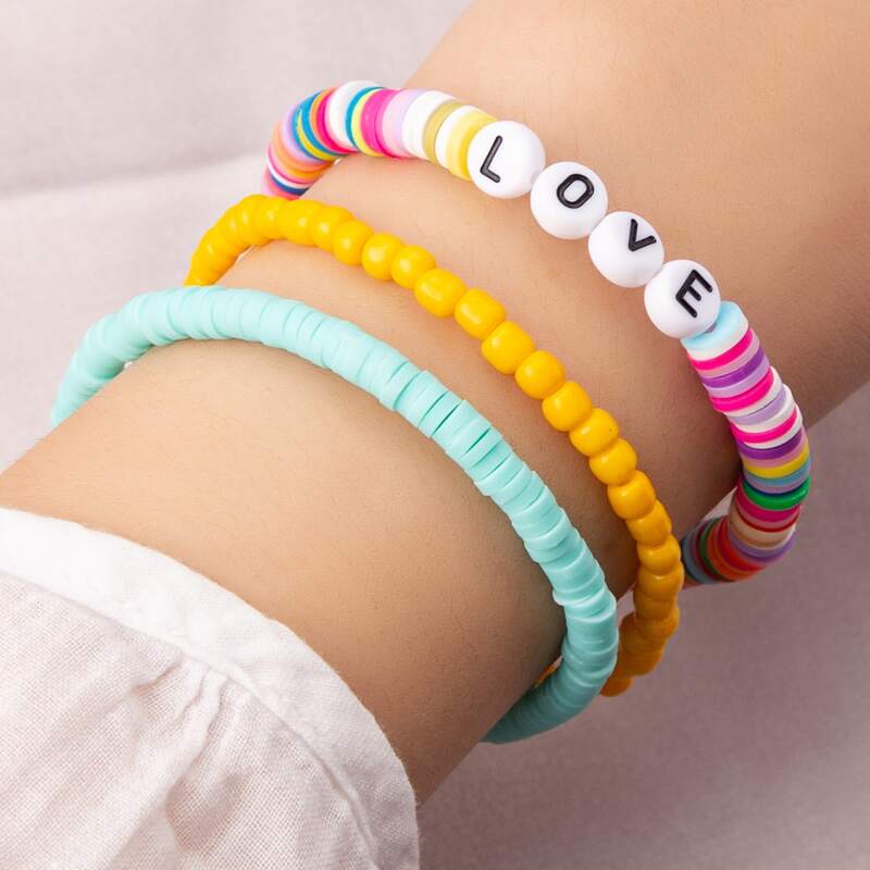 

3pcs Letter Graphic Beaded Bracelet, Multicolor