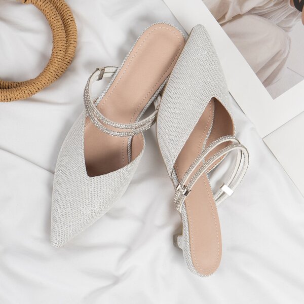 

Rhinestone Decor Point Toe Mules, Silver