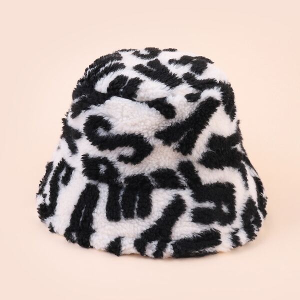 

Letter Graphic Fuzzy Bucket Hat, Black and white