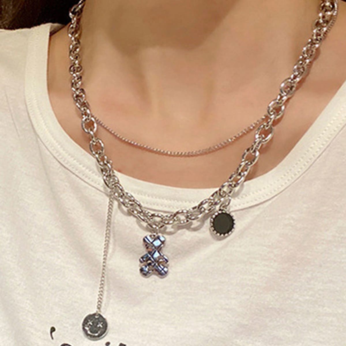

Bear Double Layered Necklace, Silver