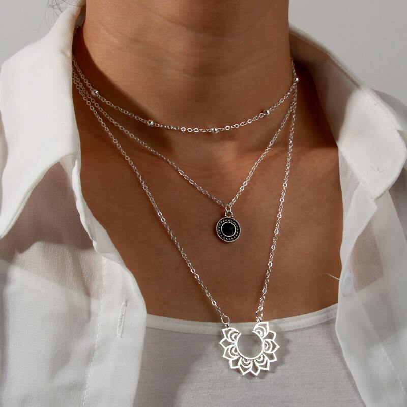 

Geo Pendant Layered Chain Necklace, Silver