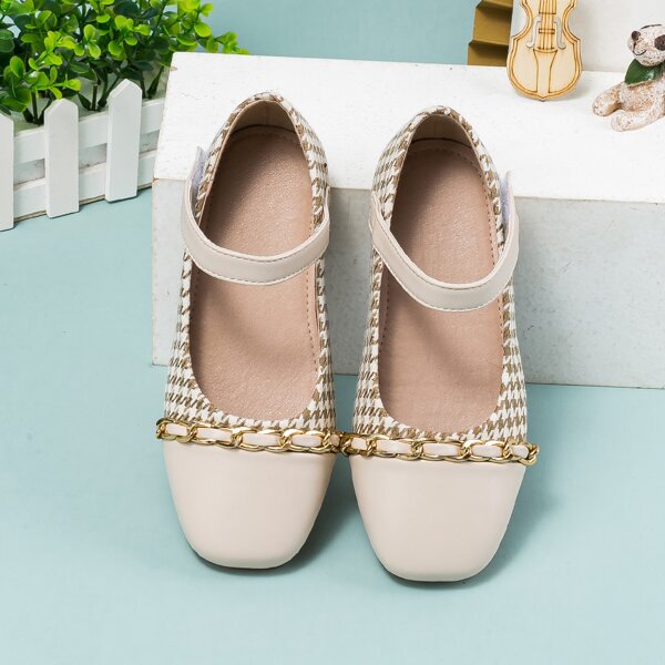 

Girls Houndstooth Pattern Chain Pattern Flats, Beige