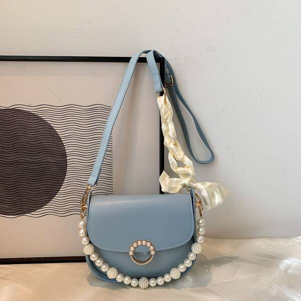 

Faux Pearl Decor Flap Saddle Bag, Blue