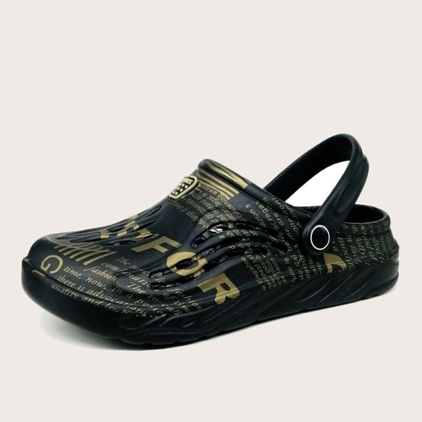 

Men Metallic Letter Graphic Vented Clogs, Black