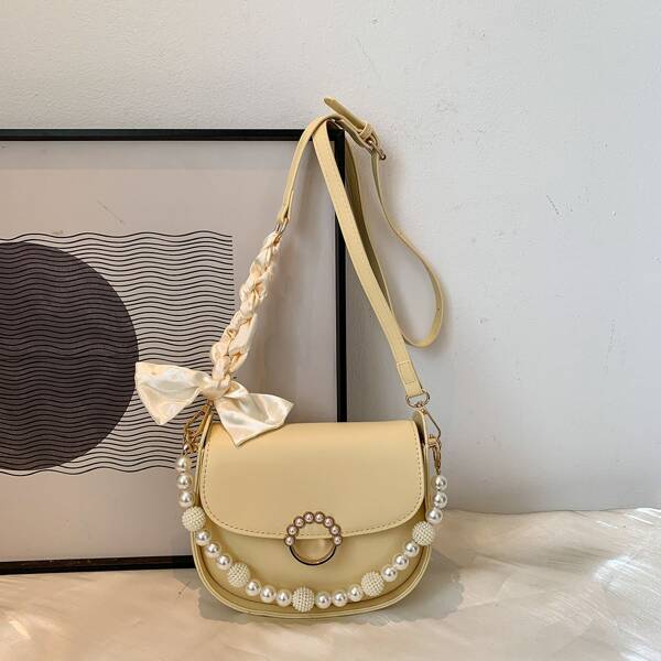 

Faux Pearl Decor Flap Saddle Bag, Yellow