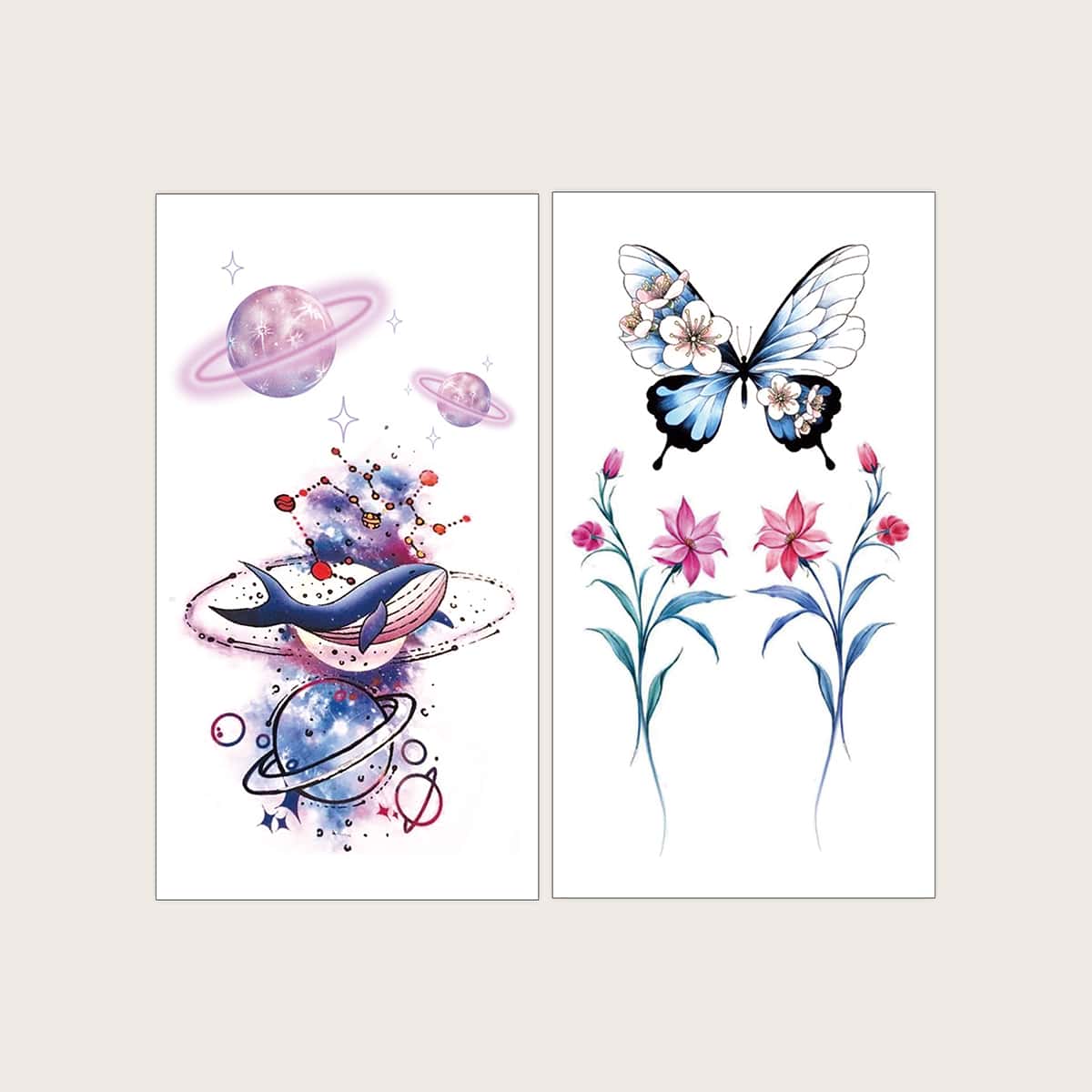 

2sheets Butterfly & Planet Tattoo Sticker, Multicolor