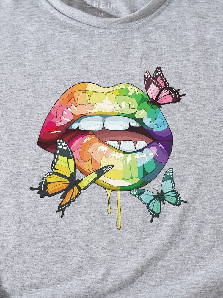 Butterfly And Lip Print Tee - Light Grey - View 3
