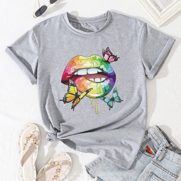 

Butterfly And Lip Print Tee, Light grey