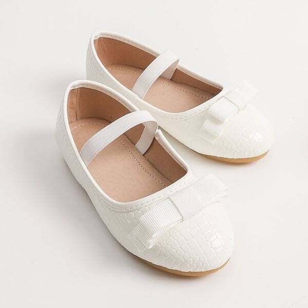 

Girls Croc Embossed Bow Decor Mary Jane Flats, White