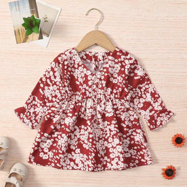 

Baby Girl All Over Floral Print V Neck Dress, Red and white