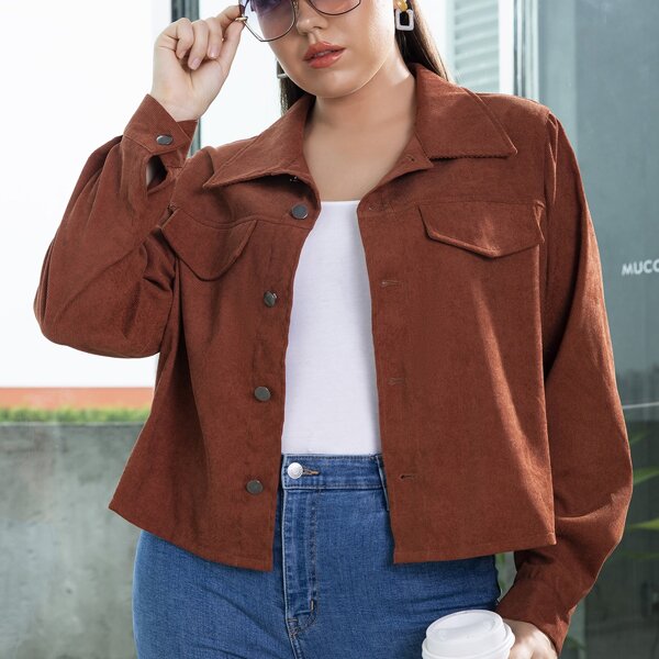 

Plus Solid Button Front Jacket, Coffee brown