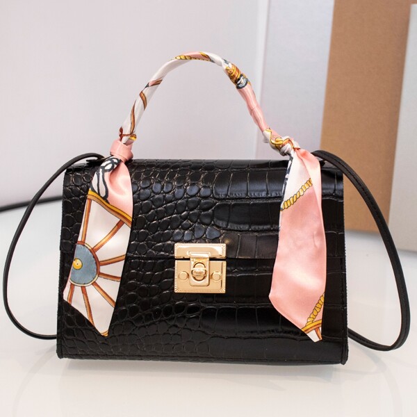

Scarf Decor Croc Embossed Flap Square Bag, Black