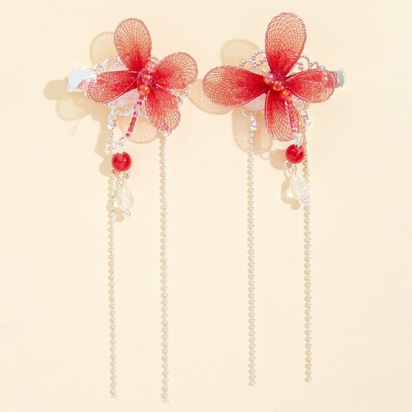 

2pcs Butterfly & Rhinestone Decor Hair Clip, Red