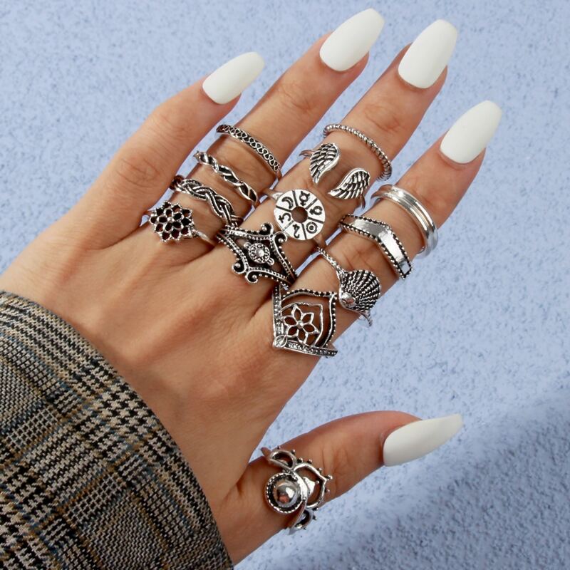 

14pcs Floral Design Ring, Antique silver