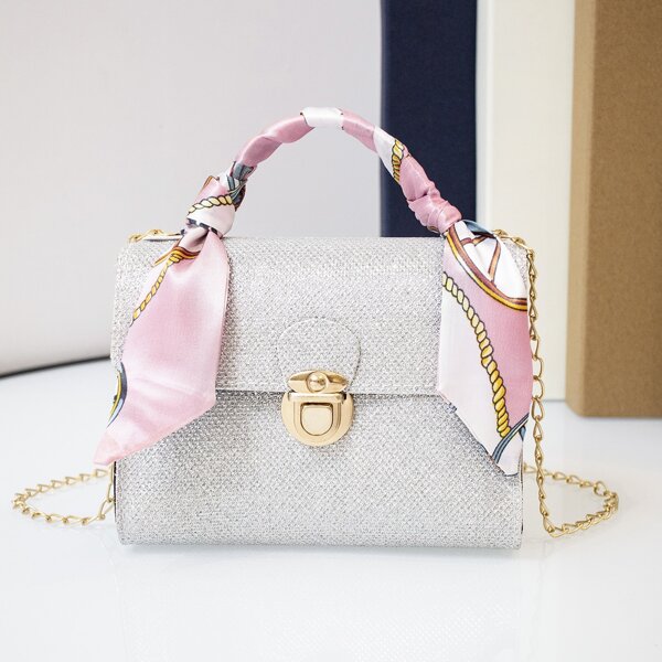 

Scarf Decor Glitter Push Lock Flap Square Bag, Silver