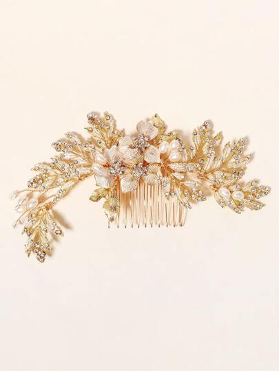 1pc Nature-Inspired Metal Rhinestone & Pearl Hair Comb, Gift For Women,Wedding Hair Accessories