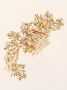 1件自然风金属水钻珍珠发梳，女士礼物，婚礼发饰 - 金色 - 查看 6