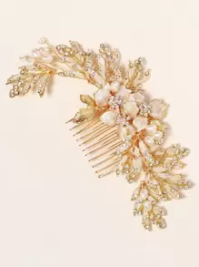 1件自然风金属水钻珍珠发梳，女士礼物，婚礼发饰 - 金色 - 查看 7