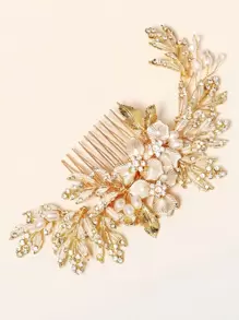 1件自然风金属水钻珍珠发梳，女士礼物，婚礼发饰 - 金色 - 查看 8
