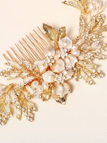 1件自然风金属水钻珍珠发梳，女士礼物，婚礼发饰 - 金色 - 查看 9