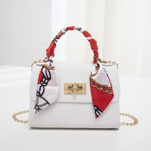 

Scarf Decor Croc Embossed Square Bag, White