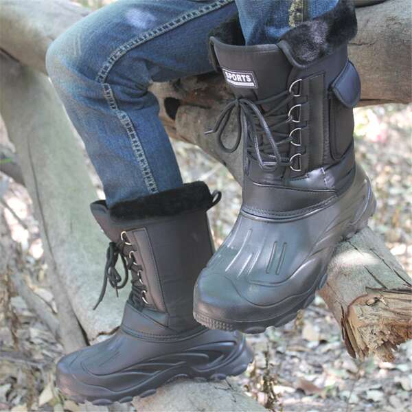 

Men Fuzzy Pocket Decor Lace-up Front Snow Boots, Black