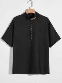 Manfinity Playera De Cuello Alto Imitación Con Gráfico De Letras Para Hombres - Negro - Ver 1