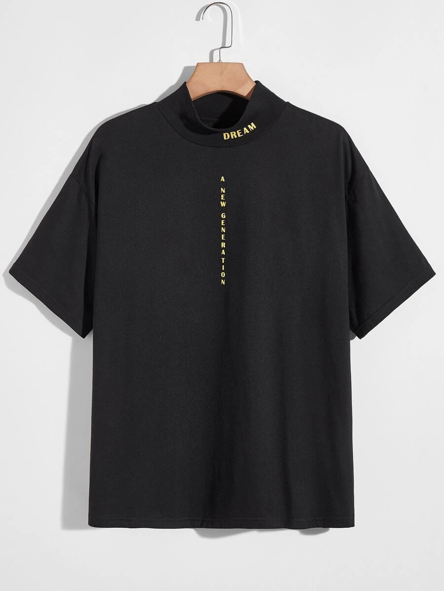 Manfinity Playera De Cuello Alto Imitación Con Gráfico De Letras Para Hombres - Negro - Ver 1