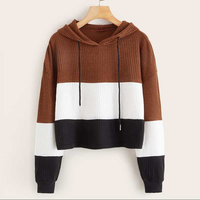 

Colorblock Ribbed Drawstring Hoodie, Multicolor