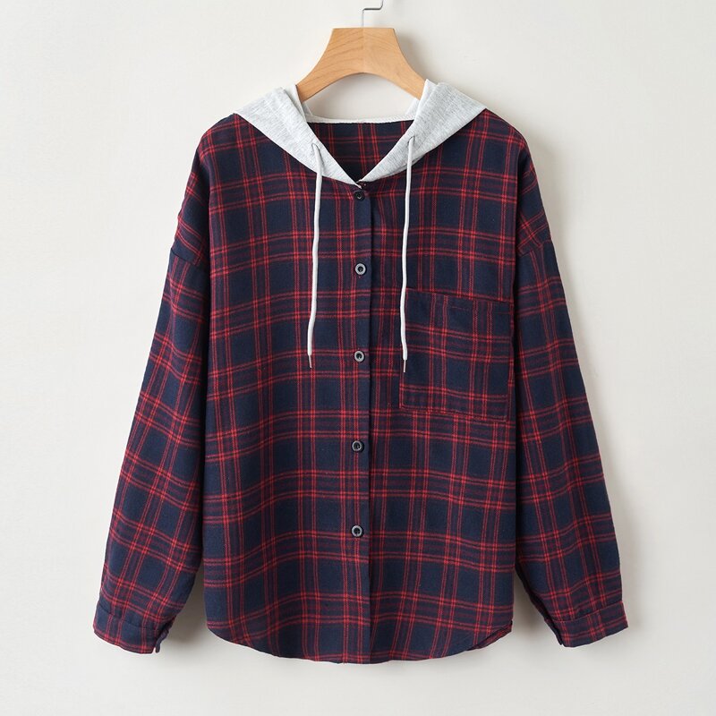 

Plaid Print Button Front Drawstring Hooded Blouse, Multicolor