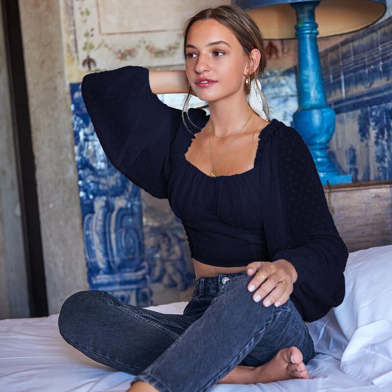 

Swiss Dot Lettuce Trim Crop Milkmaid Blouse, Navy blue