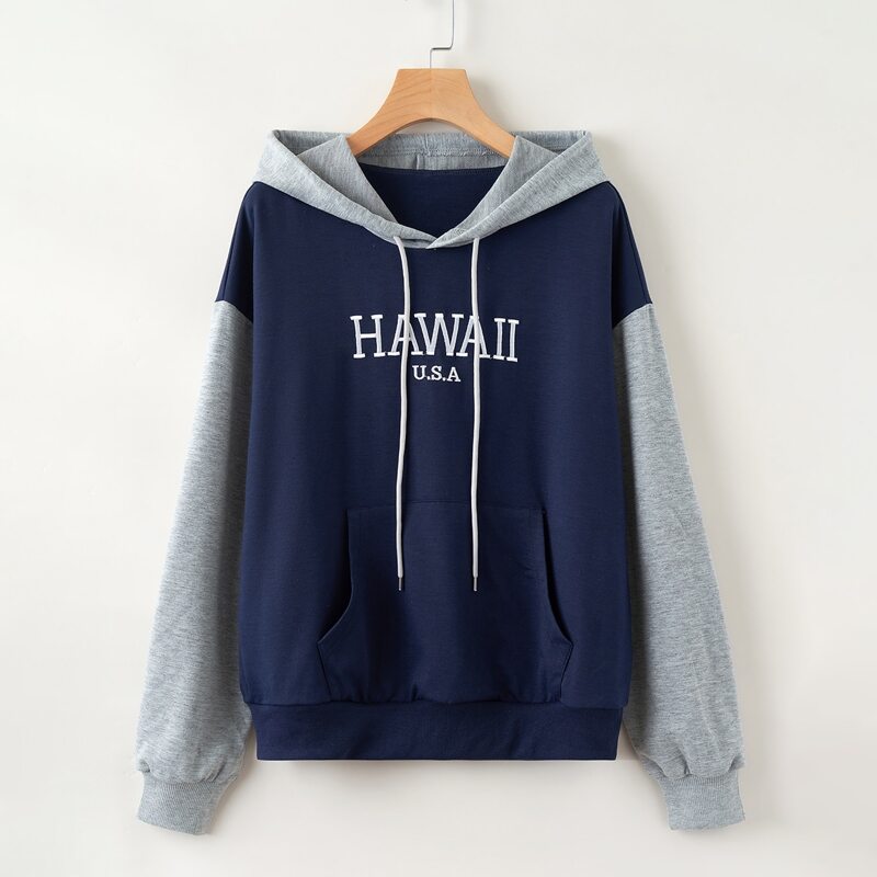

Colorblock & Letter Print Drawstring Hoodie, Multicolor