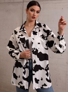 Plus Cow Print Button Up Blouse - Black and White - View 1