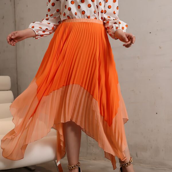 

Plus High Waist Two Tone Hanky Hem Pleated Skirt, Orange